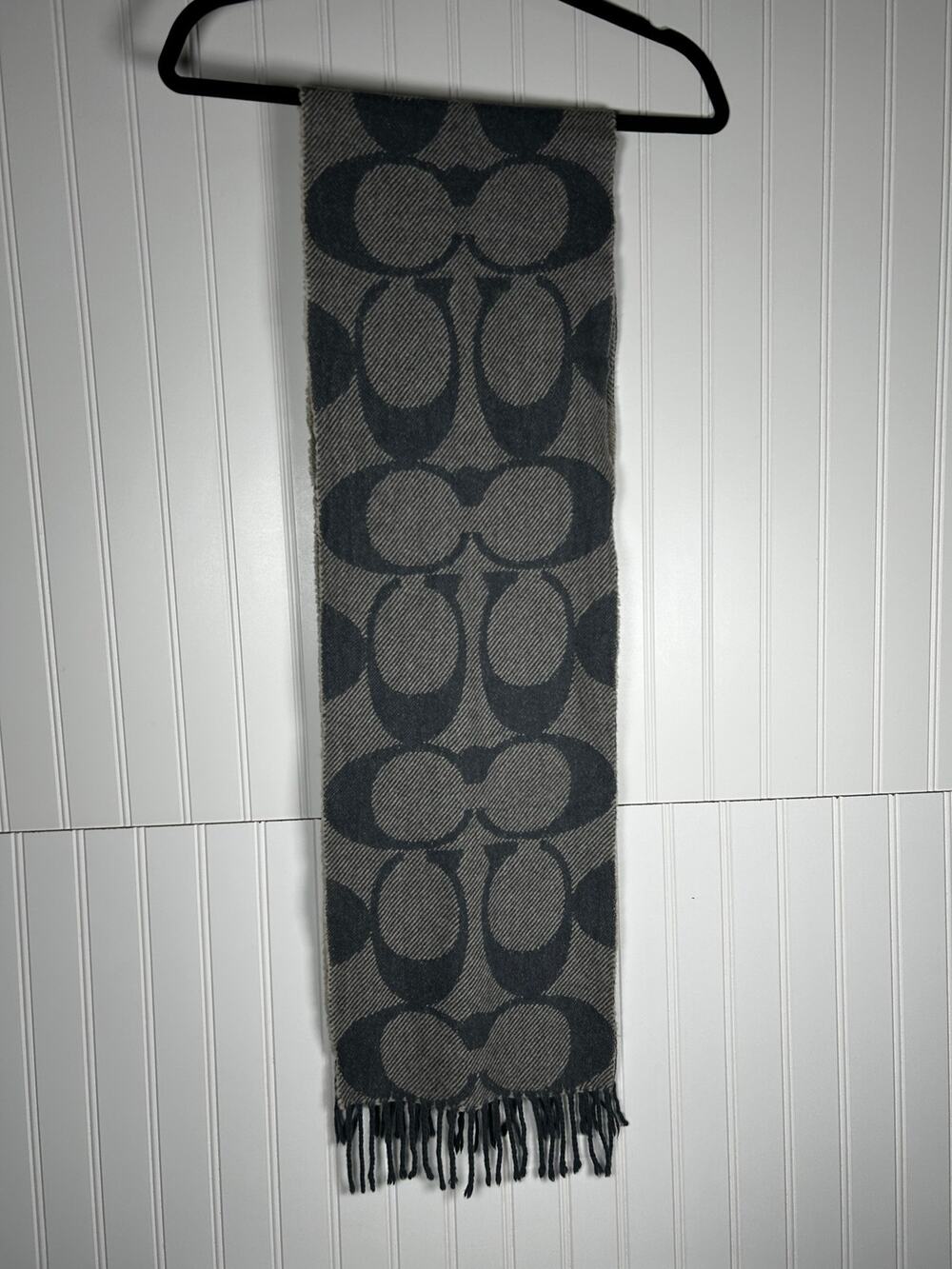 Coach Winter Scarf Signature Twill Fringe  Logo Cashmere Blend gray 62”X10”